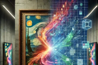 A futuristic abstract painting blending traditional brushstrokes with digital pixelation and holographic elements, symbolizing the intersection of classic and modern art.